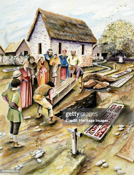 Viking burial in a churchyard, York, Yorkshire, 10th century . Reconstruction drawingArtist Chris Evans.