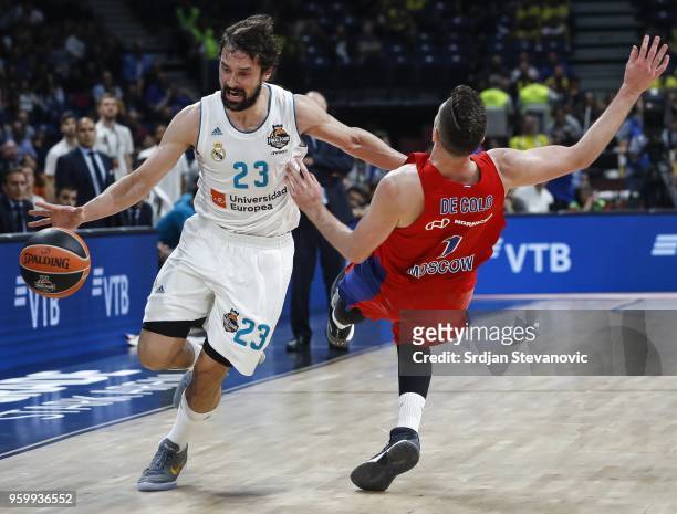 Sergio Llull of Real Madrid in action against Nando De Colo of CSKA during the Turkish Airlines Euroleague Final Four Belgrade 2018 Semifinal match...