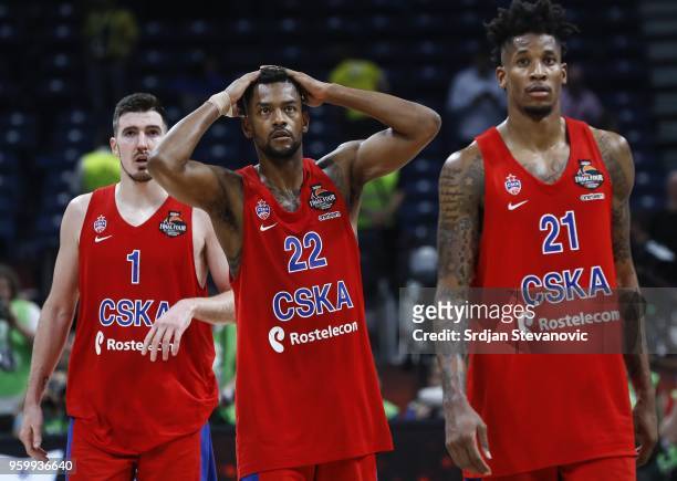 Nando De Colo Cory Higgins and Will Clyburn of CSKA look dejected after the Turkish Airlines Euroleague Final Four Belgrade 2018 Semifinal match...