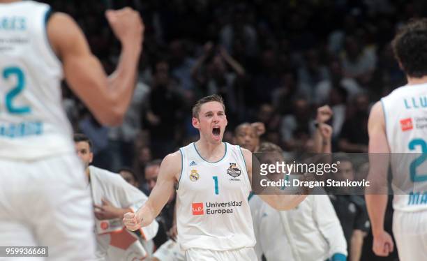 Fabien Causeur, #1 of Real Madrid celebrates at the end of the 2018 Turkish Airlines EuroLeague F4 Semifnal B game between Semifinal A CSKA Moscow v...