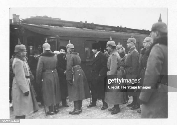 Arrival of the Russian delegation in Brest-Litovsk. In the centre Trotsky. Left: Kamenev and Joffe. January 1918, 1918. Found in the Collection of...