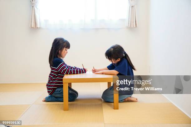 twin girls drawing pictures of each other - tatami mat stock pictures, royalty-free photos & images