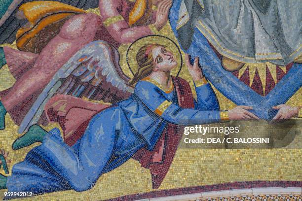 Angel, detail from the Assumption of Mary into glory, mosaic, gable of the central entrance in the facade of Orvieto cathedral, Umbria, Italy,...