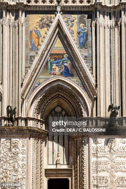 Nativity of Mary, mosaics on the facade of Orvieto cathedral, Umbria, Italy, 13th-14th century.