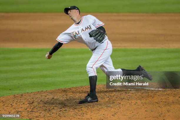 Miami Marlins relief pitcher Brad Ziegler closes the game for the Marlins against the Los Angeles Dodgers on Tuesday, May 15, 2018 at Marlins Park in...