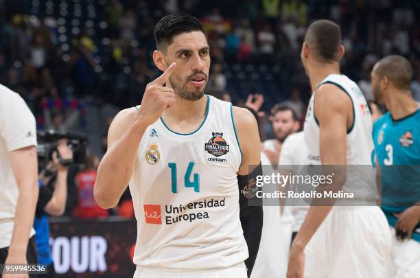 Gustavo Ayon, #14 of Real Madrid celebrates the end of the 2018 Turkish Airlines EuroLeague F4 Semifnal B game between Semifinal A CSKA Moscow v Real...