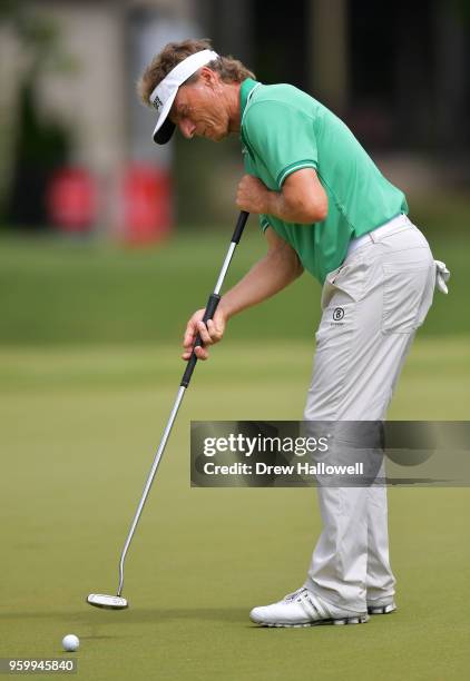 Bernhard Langer of Germany putts on the eighth hole during the second round of the Regions Tradition at the Greystone Golf & Country Club on May 18,...