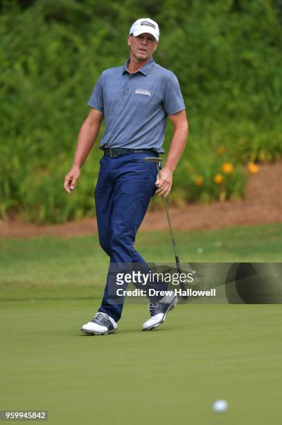 Steve Stricker of the United States reacts to a putt on the sixth hole during the second round of the Regions Tradition at the Greystone Golf &...