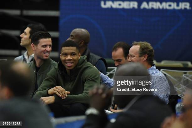 Player Giannis Antetokounmpo watches action during Day Two of the NBA Draft Combine at Quest MultiSport Complex on May 18, 2018 in Chicago, Illinois....