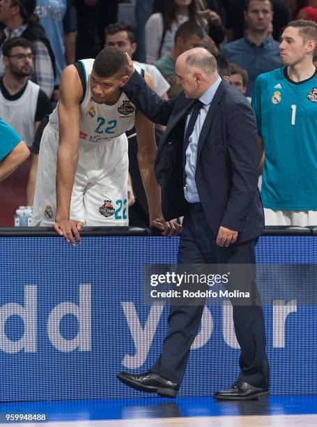 Pablo Laso, Head Coach of Real Madrid and Walter Tavares, #22 in action during the 2018 Turkish Airlines EuroLeague F4 Semifnal B game between...