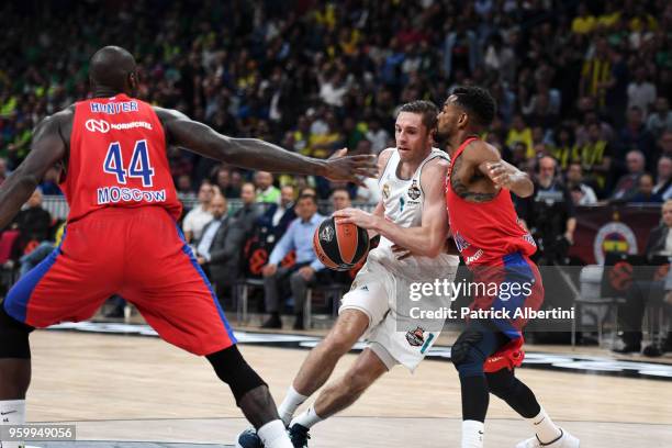 Fabien Causeur, #1 of Real Madrid competes with Cory Higgins, #22 of CSKA Moscow during the 2018 Turkish Airlines EuroLeague F4 Semifnal B game...