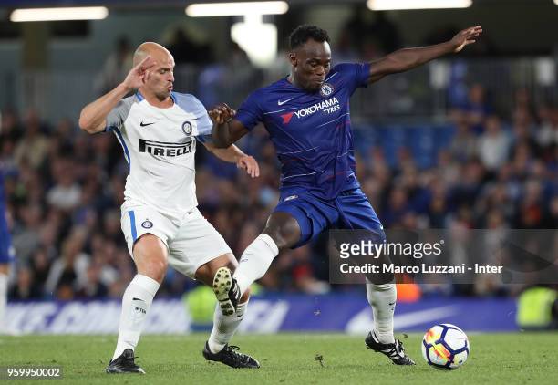 Michael Essien of Chelsea Legends competes for the ball with Esteban Cambiasso of Inter Forever during Chelsea Legends v Inter Forever at Stamford...