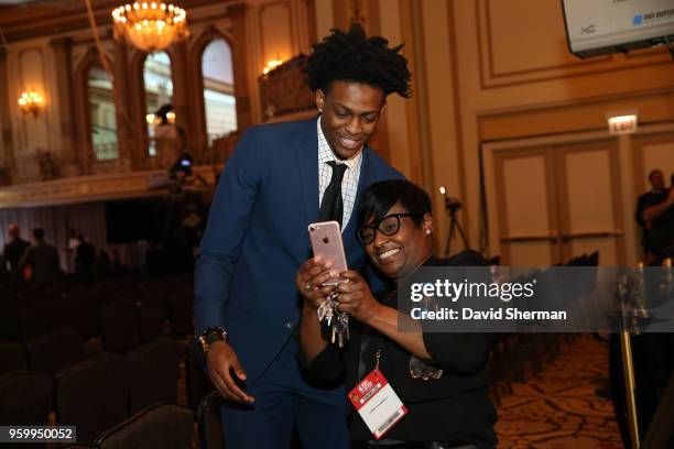 De'Aaron Fox of the Sacramento Kings is photographed during the NBA Draft Lottery on May 15, 2018 at The Palmer House Hilton in Chicago, Illinois....