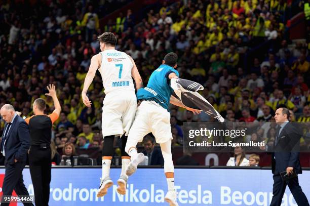 Luka Doncic, #7 of Real Madrid celebrates with Facundo Campazzo, #11 of Real Madrid after trhhe poin shot during the 2018 Turkish Airlines EuroLeague...