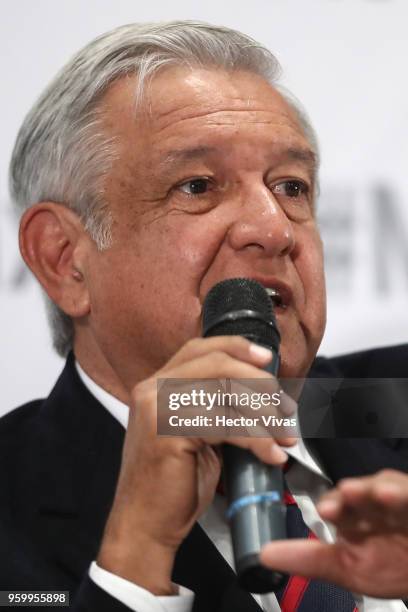 Andres Manuel Lopez Obrador presidential candidate for National Regeneration Movement Party / 'Juntos Haremos Historia' coalition speaks during a...