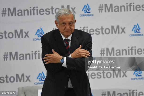 Andres Manuel Lopez Obrador presidential candidate for National Regeneration Movement Party / 'Juntos Haremos Historia' coalition gestures during a...