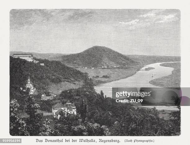 danube valley and walhalla, bavaria, germany, wood engraving, published 1897 - bavarian forest stock illustrations