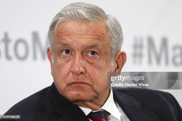 Andres Manuel Lopez Obrador presidential candidate for National Regeneration Movement Party / 'Juntos Haremos Historia' gestures during a conference...