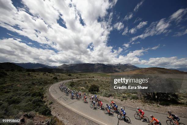 The peloton goes around a curve during Stage 2 of the Amgen Tour of California Women's Race Empowered with SRAM on May 18, 2018 in South Lake Tahoe,...