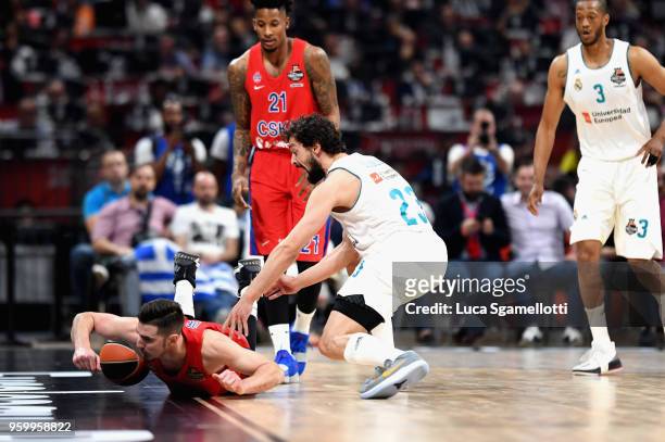 Nando de Colo, #1 of CSKA Moscow competes with Sergio Llull, #23 of Real Madrid during 2018 Turkish Airlines EuroLeague F4 Semifnal B game between...