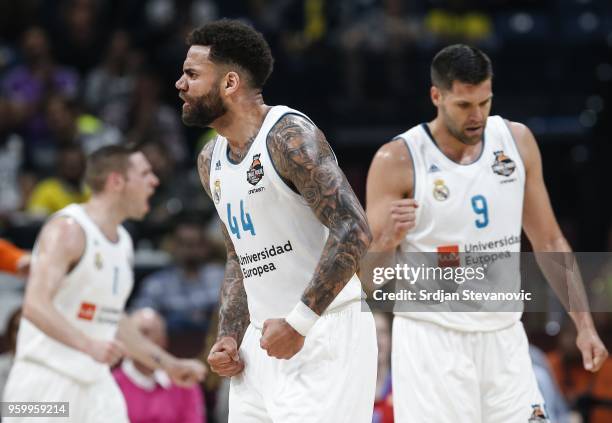 Jeffery Taylor and Felipe Reyes of Real Madrid celebrate during the Turkish Airlines Euroleague Final Four Belgrade 2018 Semifinal match between CSKA...