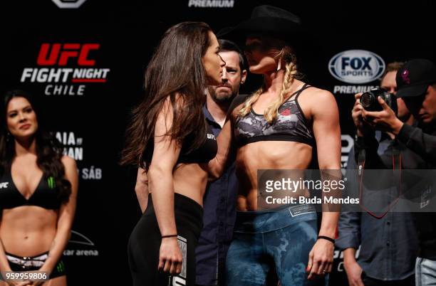Veronica Macedo of Venezuela and Andrea Lee of the United States face off during during the UFC Fight Night weigh-in at Movistar Arena on May 18,...