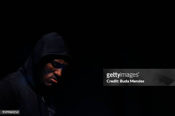 Kamaru Usman of Nigeria poses on the scale during the UFC Fight Night weigh-in at Movistar Arena on May 18, 2018 in Santiago, Chile.