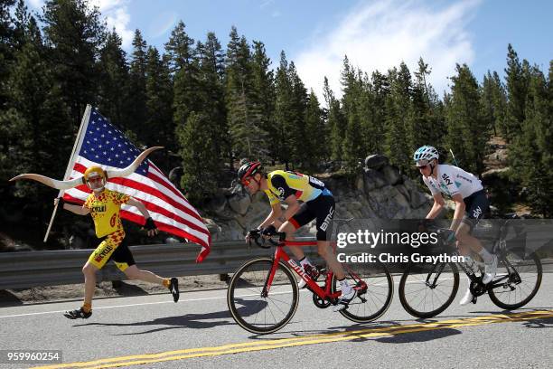 Tejay van Garderen of the United States riding for BMC Racing Team in the yellow Amgen Race Leader Jersey and Tao Geoghegan Hart of Great Britain...