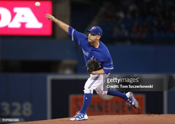 Marco Estrada of the Toronto Blue Jays delivers a pitch in the first inning during MLB game action against the Oakland Athletics at Rogers Centre on...