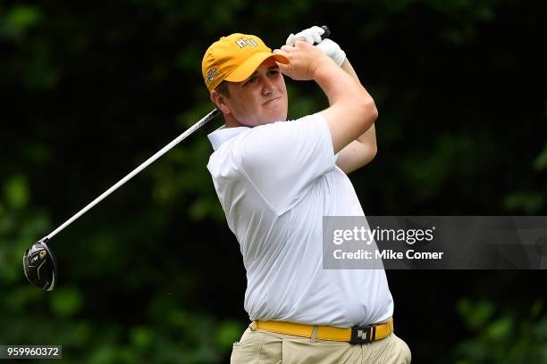 Dan Shepherd of Methodist University tees off on the fifth hole during the Division III Men's Golf Championship held at the Grandover Resort on May...