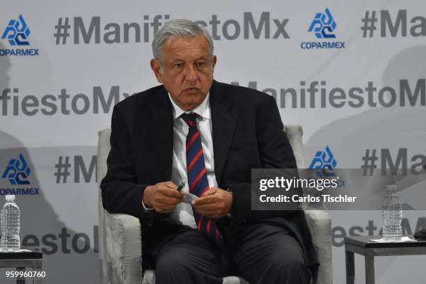 Andres Manuel Lopez Obrador presidential candidate for National Regeneration Movement Party / 'Juntos Haremos Historia' gestures during a conference...