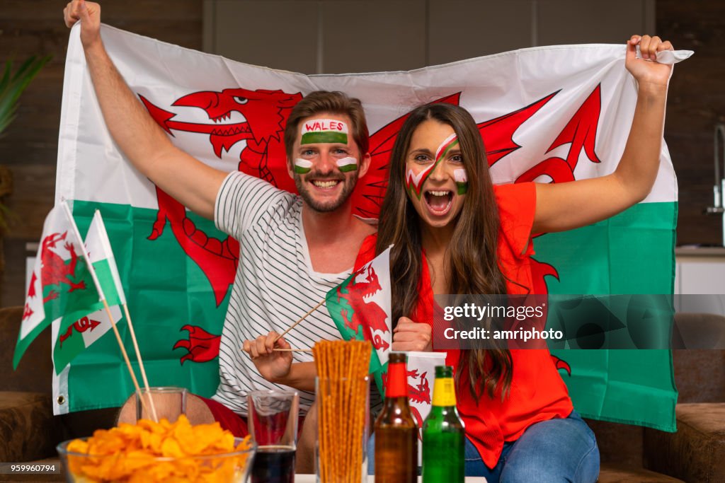 Fußball Fan paar Jubel für wales