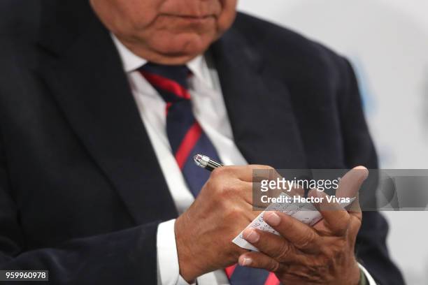 Andres Manuel Lopez Obrador presidential candidate for National Regeneration Movement Party / 'Juntos Haremos Historia' takes notes during a...