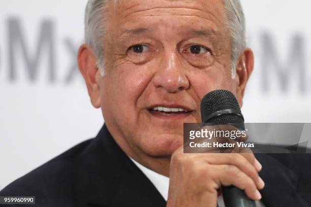 Andres Manuel Lopez Obrador presidential candidate for National Regeneration Movement Party / 'Juntos Haremos Historia' speaks during a conference as...