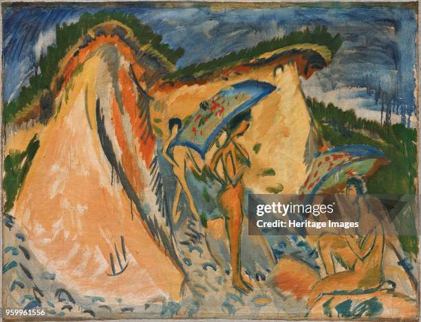 Fehmarn Dunes With Bathers Under Japanese Umbrellas, 1913. Found in the Collection of Kirchner Museum Davos. )