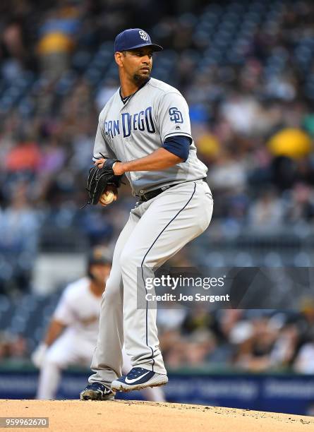 Tyson Ross of the San Diego Padres pitches during the first inning against the Pittsburgh Pirates at PNC Park on May 18, 2018 in Pittsburgh,...