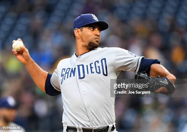 Tyson Ross of the San Diego Padres pitches during the first inning against the Pittsburgh Pirates at PNC Park on May 18, 2018 in Pittsburgh,...