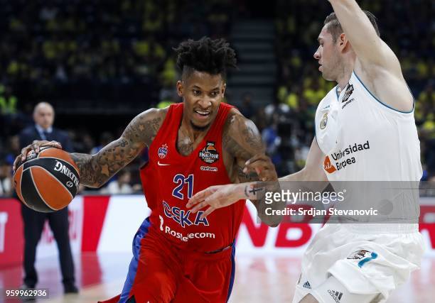 Will Clyburn of CSKA in action against Fabien Causeur of Real Madrid during the Turkish Airlines Euroleague Final Four Belgrade 2018 Semifinal match...