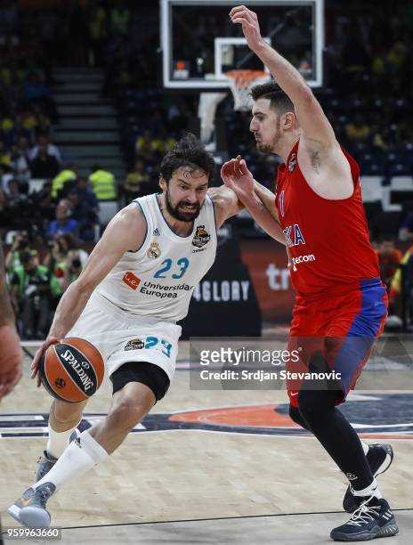 Sergio Llull of Real Madrid in action against Nando De Colo of CSKA during the Turkish Airlines Euroleague Final Four Belgrade 2018 Semifinal match...
