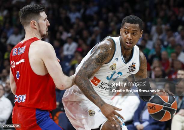 Trey Thompkins of Real Madrid in action against Nando De Colo of CSKA during the Turkish Airlines Euroleague Final Four Belgrade 2018 Semifinal match...