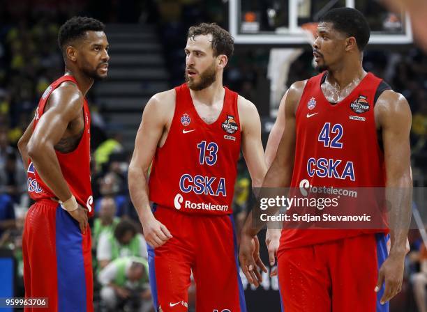 Sergio Rodriguez speaks with Cory Higgins and Kyle Hines of CSKA during the Turkish Airlines Euroleague Final Four Belgrade 2018 Semifinal match...