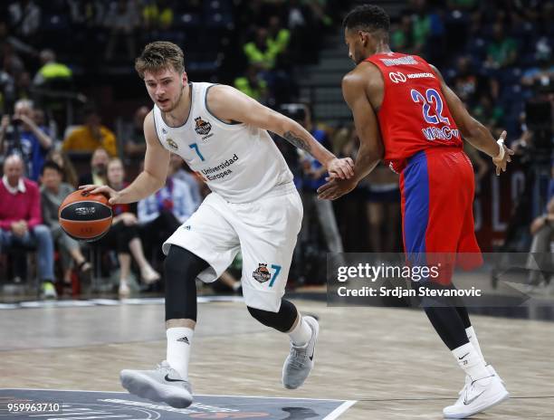 Luka Doncic of Real Madrid in action against Cory Higgins of CSKA during the Turkish Airlines Euroleague Final Four Belgrade 2018 Semifinal match...