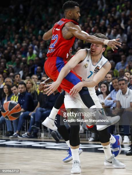 Luka Doncic of Real Madrid is challenged by Cory Higgins of CSKA during the Turkish Airlines Euroleague Final Four Belgrade 2018 Semifinal match...