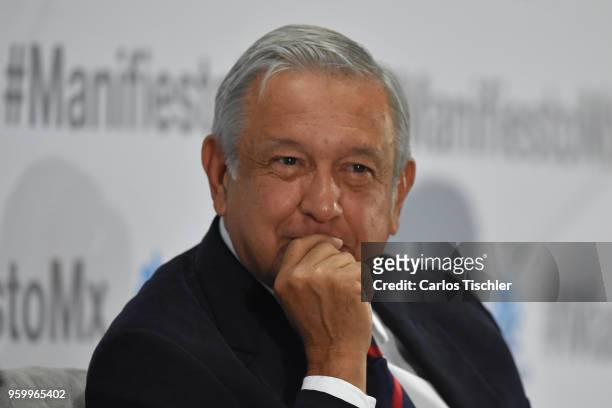 Andres Manuel Lopez Obrador presidential candidate for National Regeneration Movement Party / 'Juntos Haremos Historia' gestures during a conference...