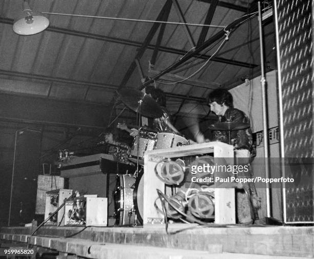 View of English rock band Pink Floyd performing live on stage at the Barbeque 67 music festival at the Tulip Bulb Auction Hall in Spalding,...