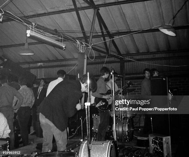 View of English rock band Sounds Force 5 performing live on stage at the Barbeque 67 music festival at the Tulip Bulb Auction Hall in Spalding,...