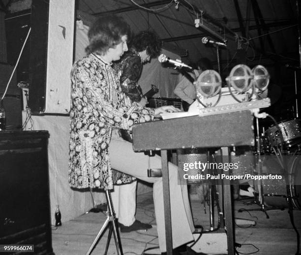View of English rock band Pink Floyd performing live on stage at the Barbeque 67 music festival at the Tulip Bulb Auction Hall in Spalding,...