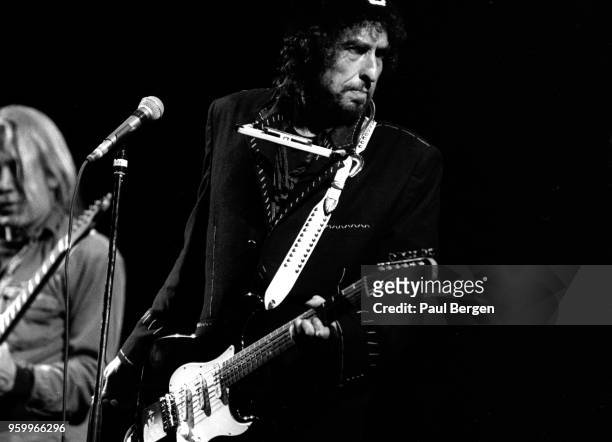 American singer-songwriter Bob Dylan performs at Rock Torhout festival, Torhout, Belgium, 7th July 1990.