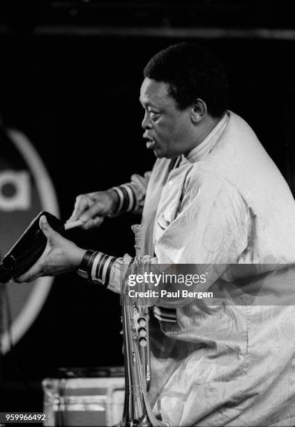 African trumpet player, singer and songwriter Hugh Masekela performs at North Sea Jazz festival, The Hague, Netherlands, 10th July 1994.