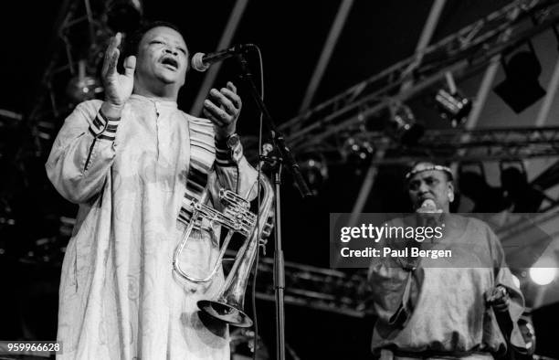 African trumpet player, singer and songwriter Hugh Masekela performs at North Sea Jazz festival together with Miriam Makeba, The Hague, Netherlands,...